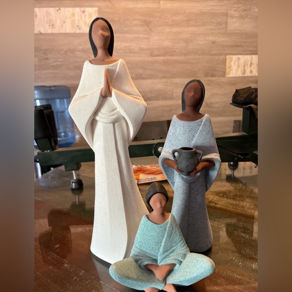 Elegant Ceramic Figurine Set in White, Gray, and Blue